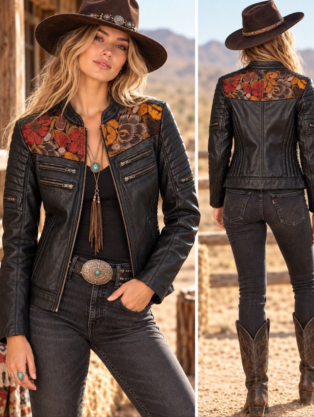 CREACIONES JAZMIN BLACK LEATHER FLORAL EMBROIDERED MOTO JACKET SZ M